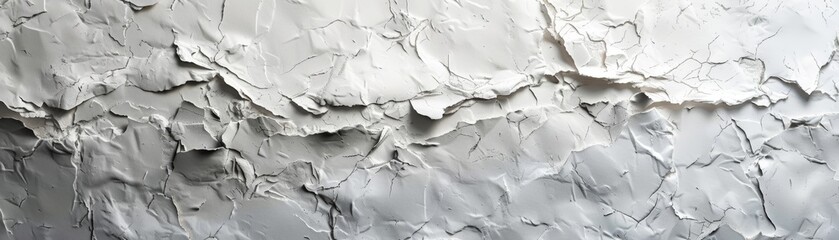 Close-up of a cracked and peeling white painted wall texture.