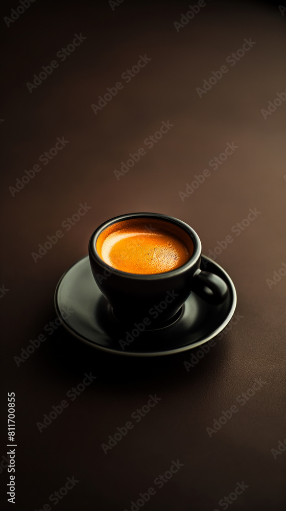 Poster a minimalist espresso shot, dark and intense, set against a gradient background from deep espresso b