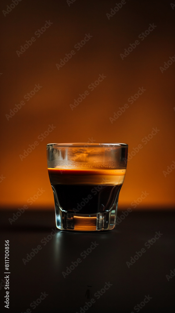 Poster a minimalist espresso shot, dark and intense, set against a gradient background from deep espresso b
