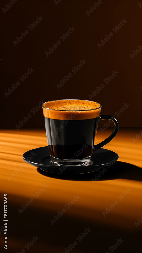 Poster a minimalist espresso shot, dark and intense, set against a gradient background from deep espresso b