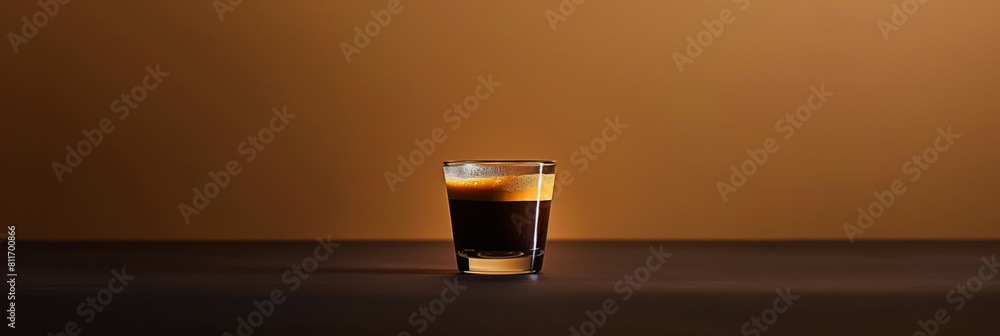 Poster a minimalist espresso shot, dark and intense, set against a gradient background from deep espresso b