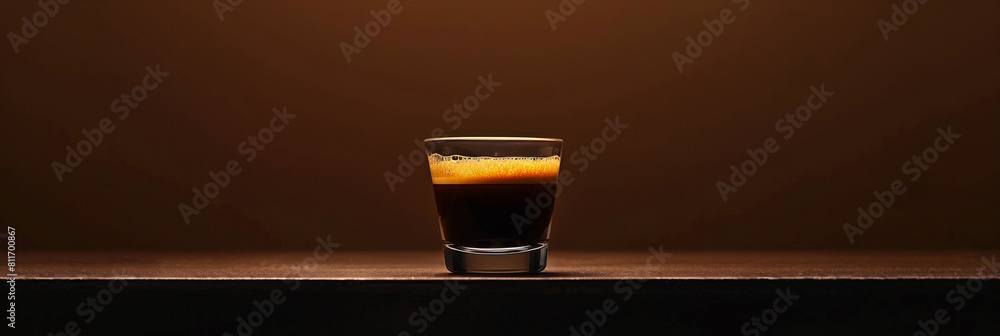 Poster a minimalist espresso shot, dark and intense, set against a gradient background from deep espresso b
