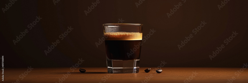 Poster a minimalist espresso shot, dark and intense, set against a gradient background from deep espresso b