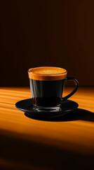 A minimalist espresso shot, dark and intense, set against a gradient background from deep espresso brown to black 