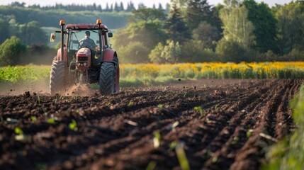 Farmers cultivating land  plowing, sowing seeds, fertilizing, and applying pesticides