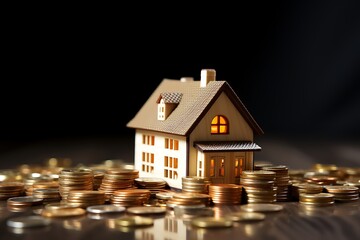 Mortgage concept by house from coins on wooden table background.