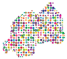 Abstract map of Rwanda drawn with overlapping colored circles like sweets or candies