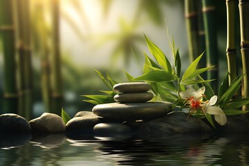 zen basalt stones with bamboo and flower on water, nature background