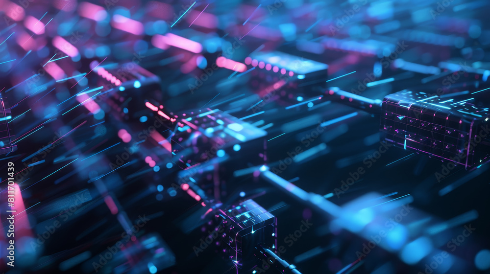 Poster a computer chip is shown in a blue and red color scheme