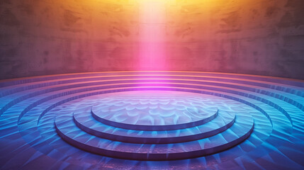 A public speaker’s stage designed as a minimalist circle in the center of an amphitheater, with sound waves visible in the air as colored ripples 