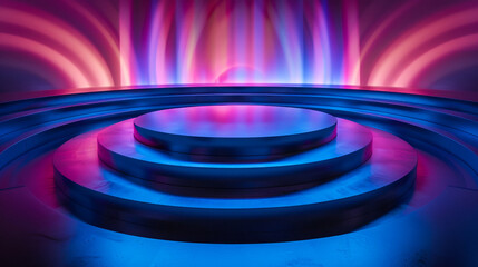 A public speaker’s stage designed as a minimalist circle in the center of an amphitheater, with sound waves visible in the air as colored ripples 