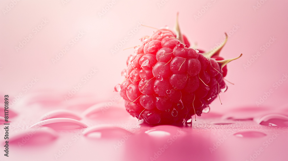 Sticker A single, oversized raspberry positioned at the center of a pastel pink canvas, its detailed hairs and droplets shimmering subtly in soft light 