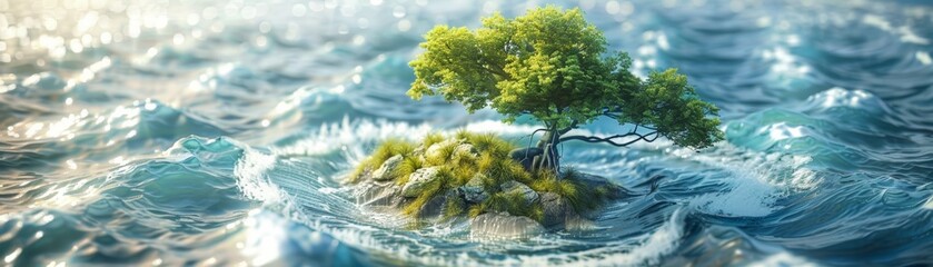 Small tree growing on a small rock in the middle of the ocean.