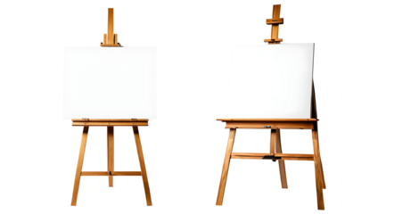 Wooden easel with blank white canvas mockup isolated on clear background, ideal for showcasing artwork, painting, or design presentations.