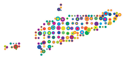 Abstract map of East Timor drawn with overlapping colored circles like sweets or candies