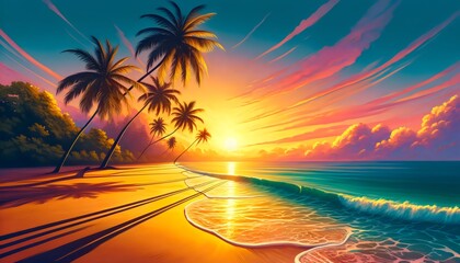 Tropical Beach Sunset with Vibrant Colors