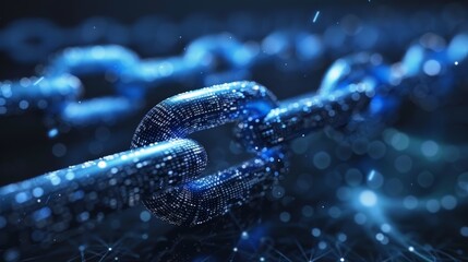 The image is a glowing blue chain link. The background is dark. The image could be used to represent a variety of things, such as strength, security, or trust.