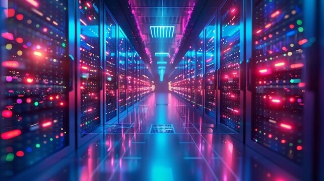 The image is a long, brightly lit hallway. The walls are lined with servers, and the floor is covered in cables.