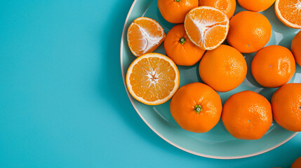 Plate with tasty tangerines on blue background
