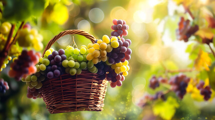 A whimsical scene of grapes in various shades of green and purple, gently floating above a basket,...