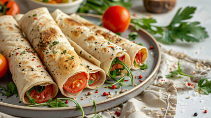 Plates of tasty lavash rolls with tomatoes and greens