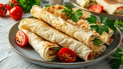 Plates of tasty lavash rolls with tomatoes and greens