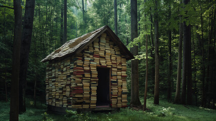 A writer’s retreat featuring a minimalist cabin with walls made entirely of stacked, open books in a serene forest 