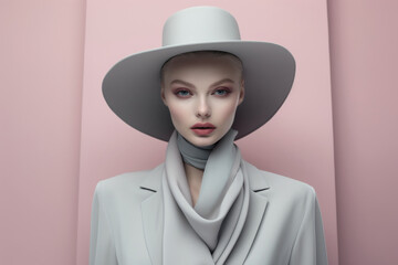 Fashion portrait of a beautiful woman in a hat and a scarf