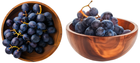 Set of wooden bowls with blue grapes, side and top view, isolated on a transparent background