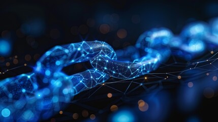 The image shows a glowing blue chain of digital blocks representing blockchain technology.