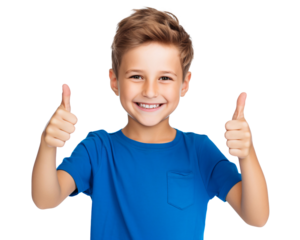 Cheerful smiling kid showing thumbs up isolated on transparent background