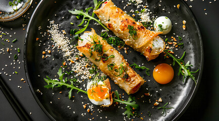 A plate with egg rolls and herbs on it.