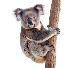 Fototapeta premium Koala Clinging to Tree Branch in Natural Habitat, isolated, transparent background, white background, no background