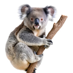 Fototapeta premium Koala Clinging to Tree Branch in Natural Habitat, isolated, transparent background, white background, no background