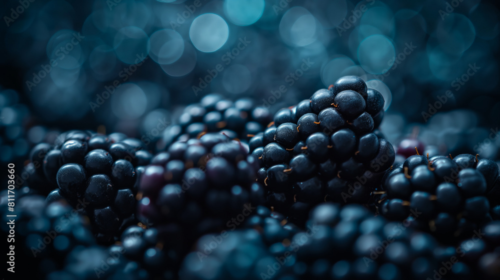 Poster an elegant display of blackberries with a single berry in focus, surrounded by a halo of out-of-focu
