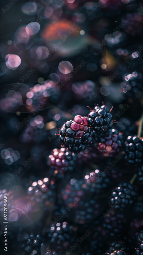 Poster an elegant display of blackberries with a single berry in focus, surrounded by a halo of out-of-focu