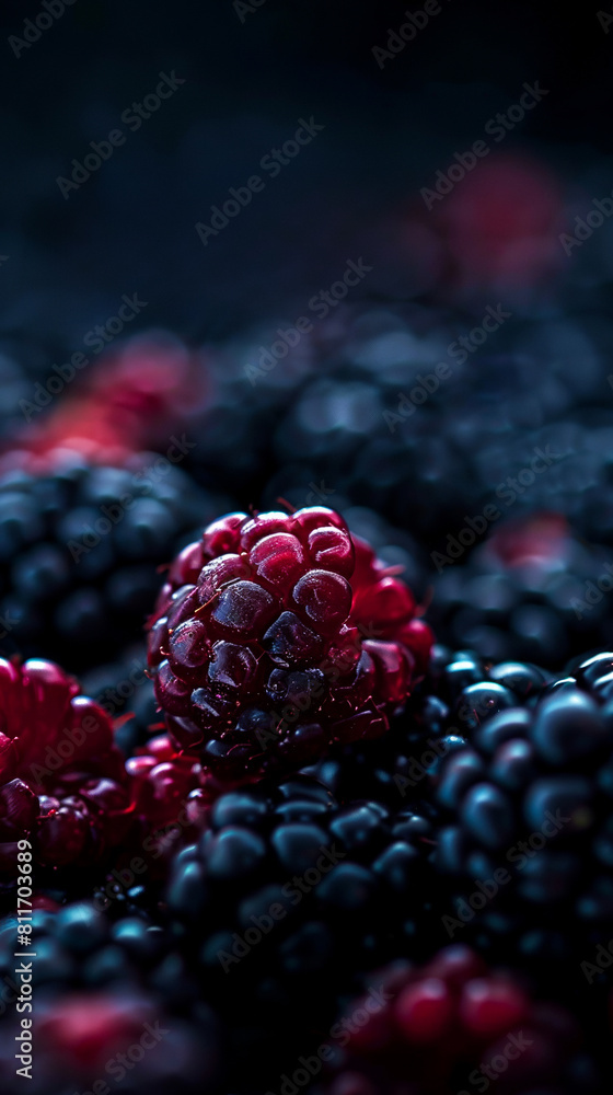 Poster an elegant display of blackberries with a single berry in focus, surrounded by a halo of out-of-focu