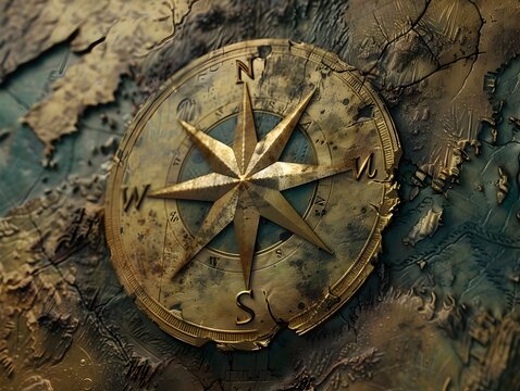 Compass Rose Engraved on Weathered Map A Symbol of Adventure and