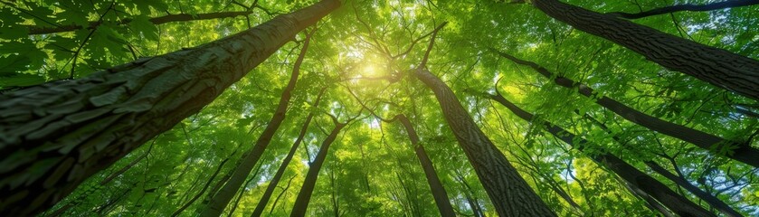 The photo shows green trees in a forest from a low angle with the sun shining through the leaves.