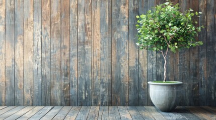 Green tree in a flower pot with a wooden backdrop