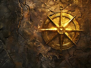 Fototapeta premium D of Golden Compass Rose Engraved on Weathered Map Symbolizing Adventure