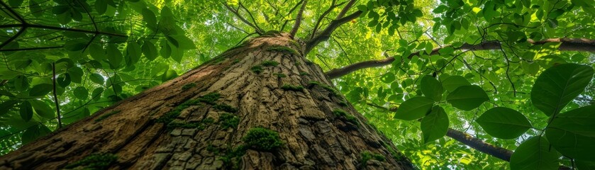 This image shows a lush green canopy of a tropical rainforest. Sunlight filters through the dense foliage, creating a dappled pattern on the ground below.