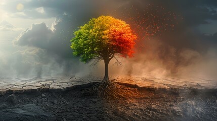 The image shows a tree with green, yellow, orange and red leaves. The sky is cloudy and there is a storm in the background. The tree is rooted in a solid ground.