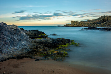 Sunset view of Minas Cove in Cabo Cope and Puntas de Calnegre Regional Park, Murcia, Spain, with long exposure