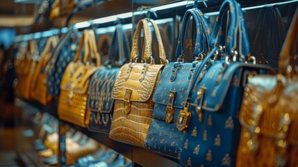The image shows a variety of handbags, including blue and brown leather bags.