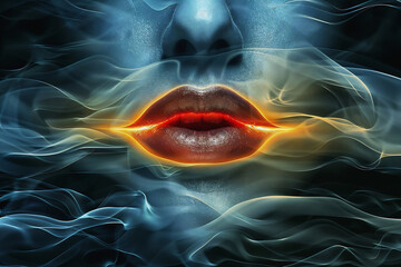 Surreal Visualization of Dynamic Energy Flowing Woman’s Lips. Generative AI image.