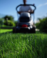 Spring season sunny lawn mowing in the garden. Lawn blur with soft light for background. Selective...