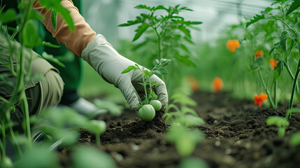 Planting tomato seedlings with green fruits in greenhouse. Woman, gloved hands in garden. 