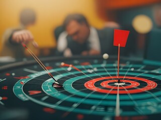 Fototapeta premium A businessman aims an arrow at a virtual target dartboard