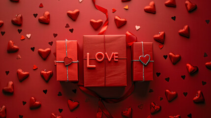Presents for Valentine day hearts and word LOVE on red
